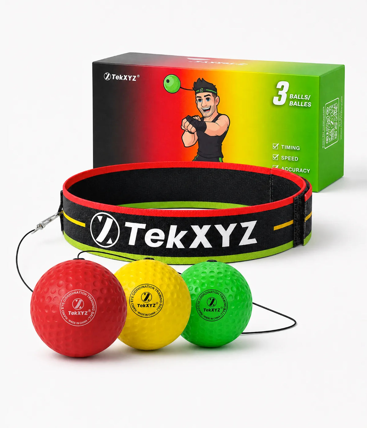 TekXYZ Boxing Reflex Ball in 3-Ball Set(Red_Yellow_Green) - Front View