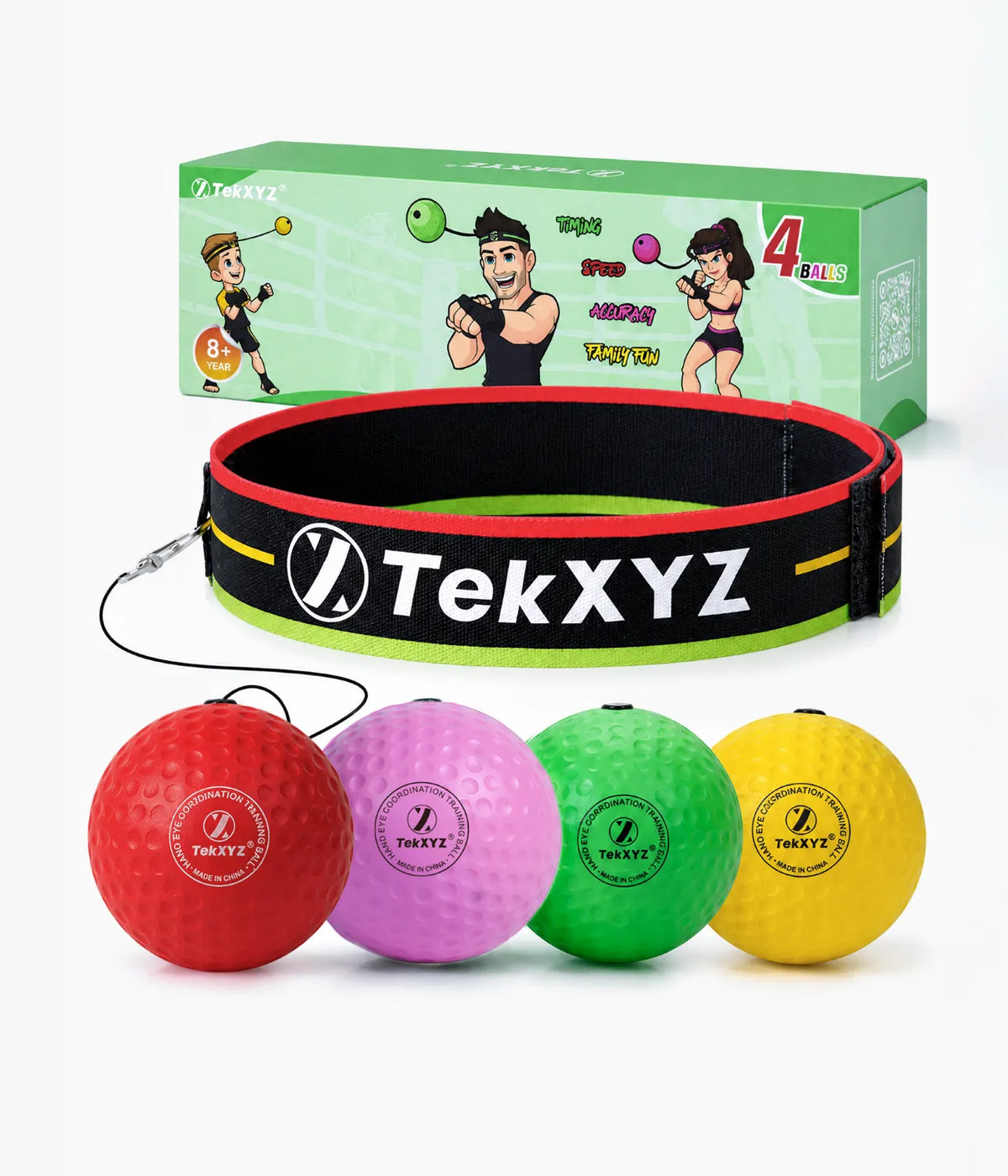 TekXYZ Boxing Reflex Ball in Family Pack (Red_Yellow_Green_Pink) - Front View