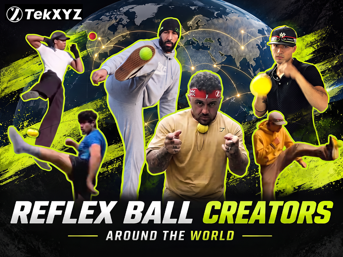Boxing reflex ball creators showcasing different styles and movements against a world map, with TekXYZ branding.