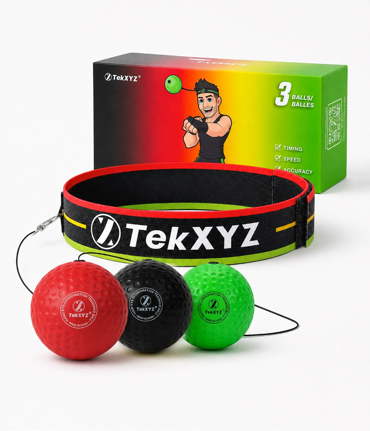 TekXYZ Boxing Reflex Ball in 3-Ball Set(Red_Black_Green) - Front View