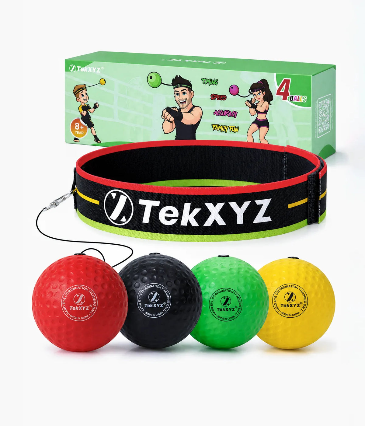 TekXYZ Boxing Reflex Ball in Family Pack (Red_Yellow_Green_Black) - Front View